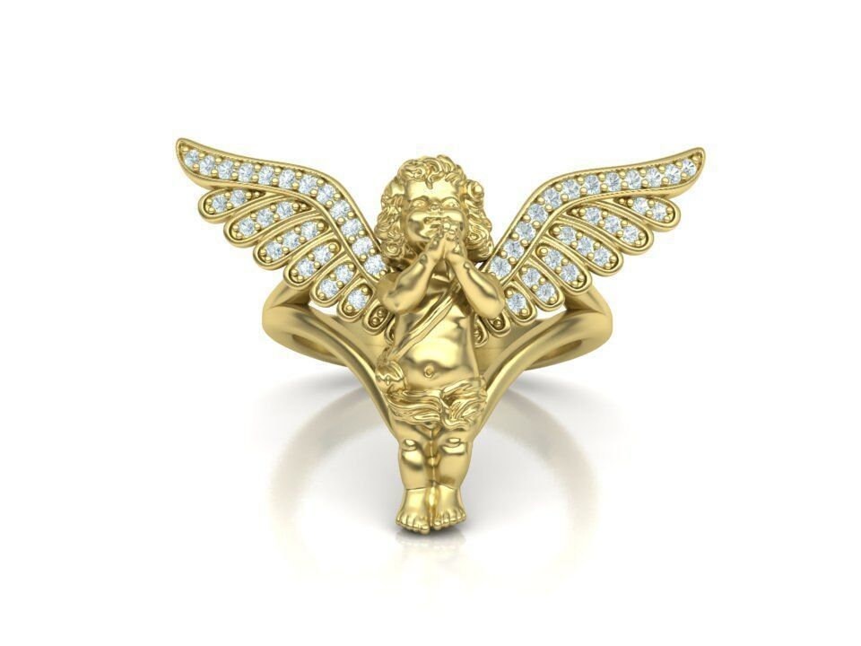 18kt gold angel prayer ring, diamonds, zircons, unisex gift, woman, man, birthday, faith, made in Italy, precious anniversary