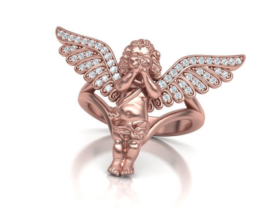 18kt gold angel prayer ring, diamonds, zircons, unisex gift, woman, man, birthday, faith, made in Italy, precious anniversary