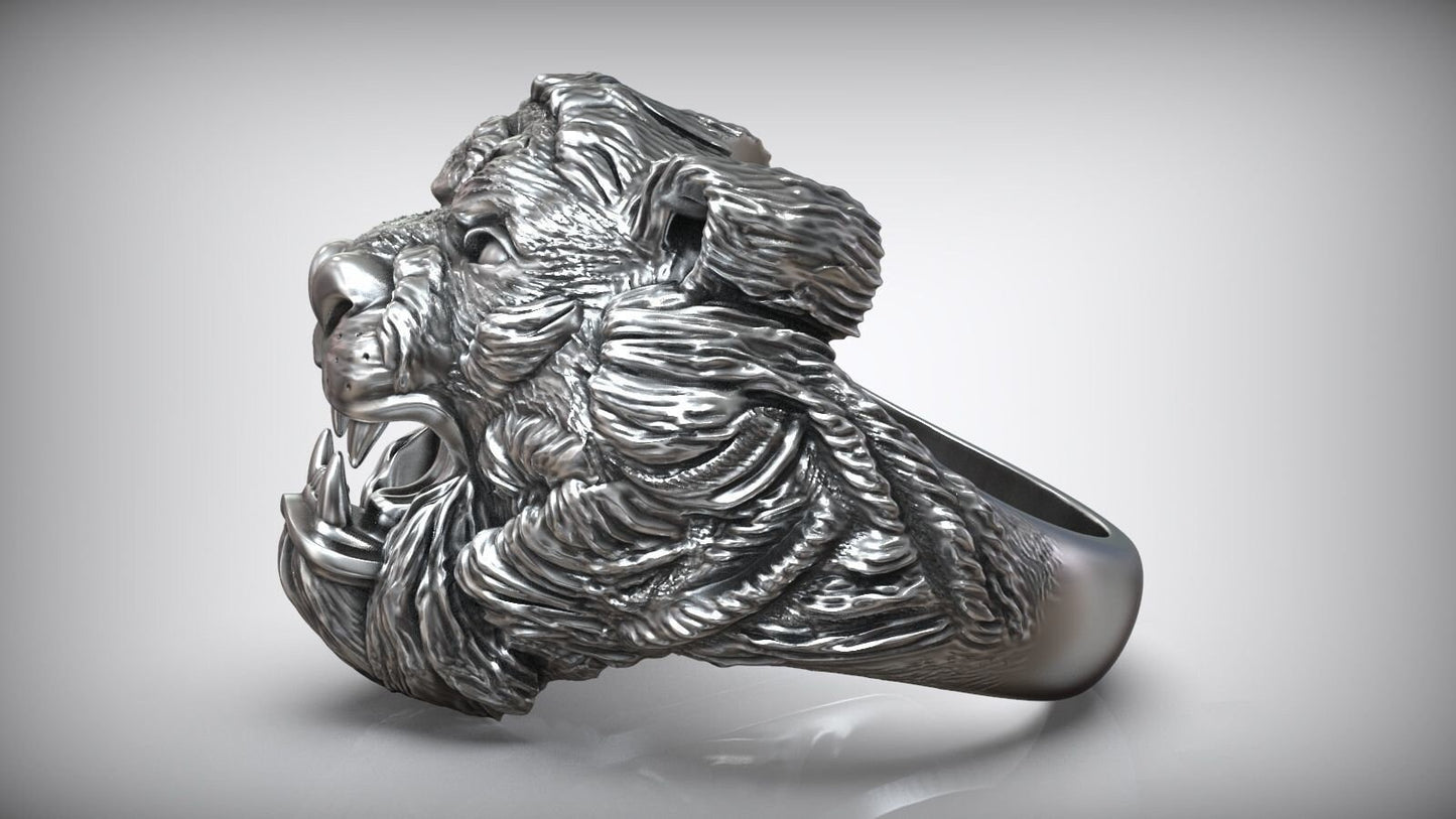 aggressive tiger ring 18kt gold sculpture silver animal design man precious details birthday gift fashion symbol made in Italy