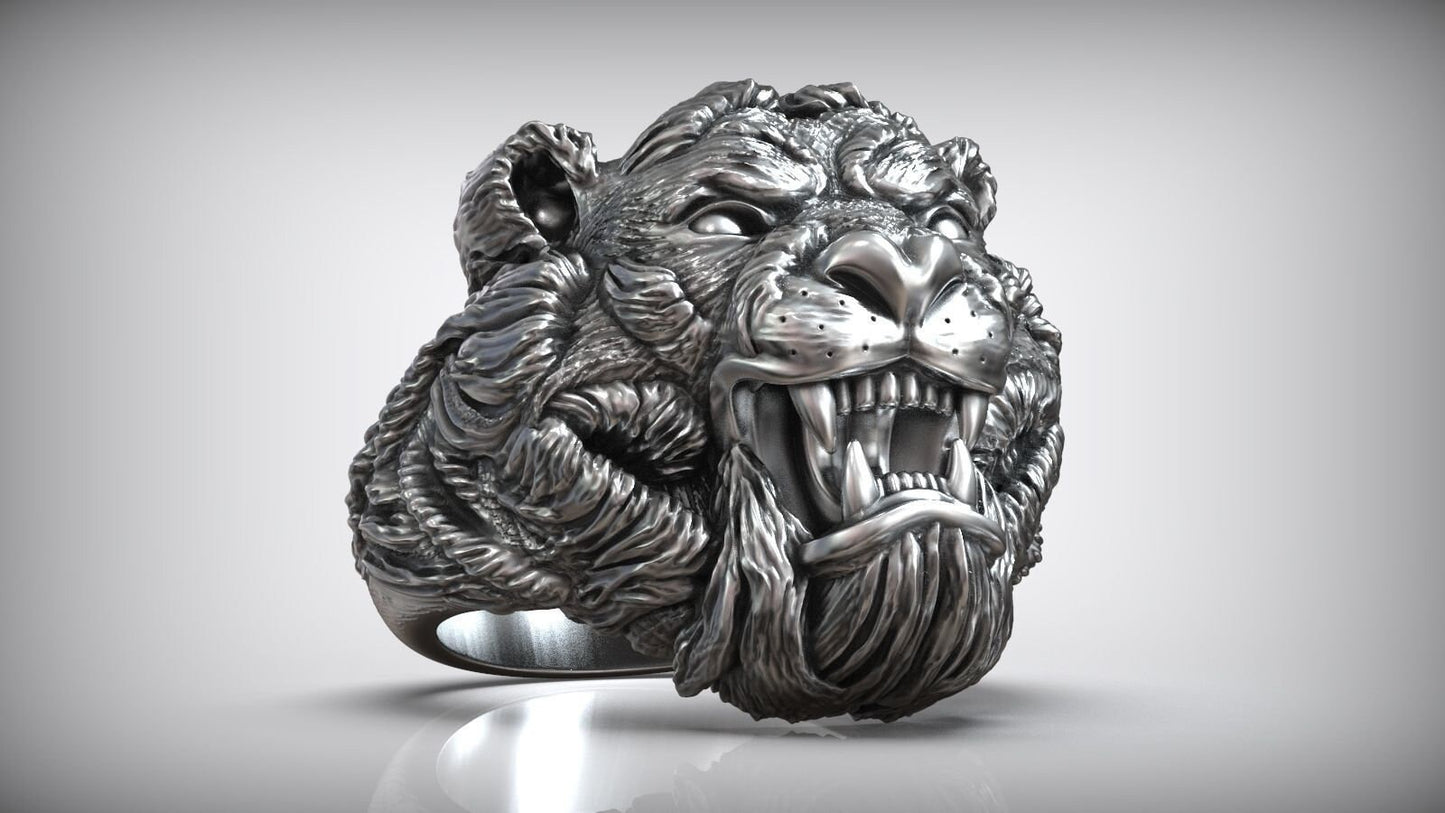 aggressive tiger ring 18kt gold sculpture silver animal design man precious details birthday gift fashion symbol made in Italy