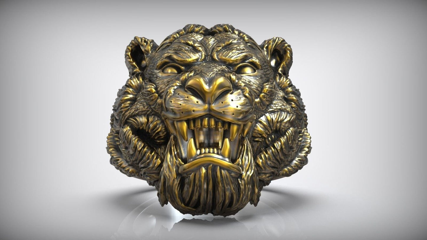 aggressive tiger ring 18kt gold sculpture silver animal design man precious details birthday gift fashion symbol made in Italy