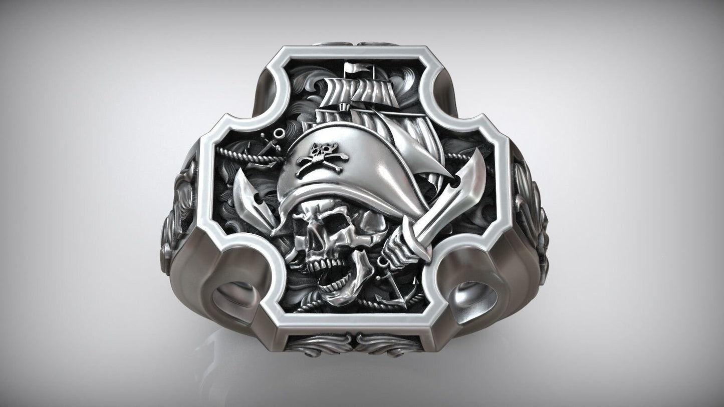 ring seal skull pirates silver 18kt gold unisex gift for men made in Italy design solid sea ship