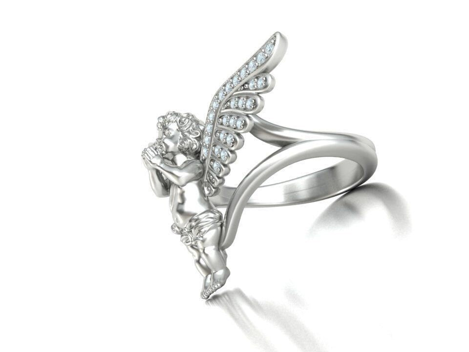 18kt gold angel prayer ring, diamonds, zircons, unisex gift, woman, man, birthday, faith, made in Italy, precious anniversary