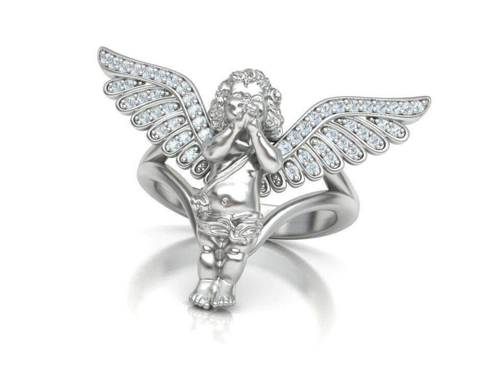 18kt gold angel prayer ring, diamonds, zircons, unisex gift, woman, man, birthday, faith, made in Italy, precious anniversary