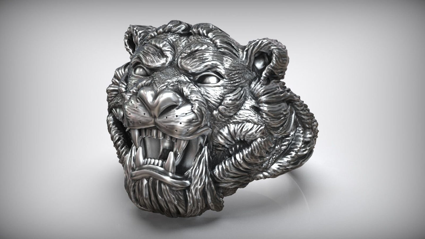 aggressive tiger ring 18kt gold sculpture silver animal design man precious details birthday gift fashion symbol made in Italy