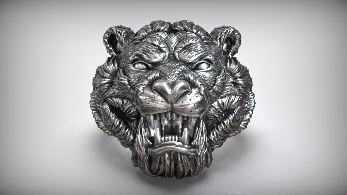 aggressive tiger ring 18kt gold sculpture silver animal design man precious details birthday gift fashion symbol made in Italy