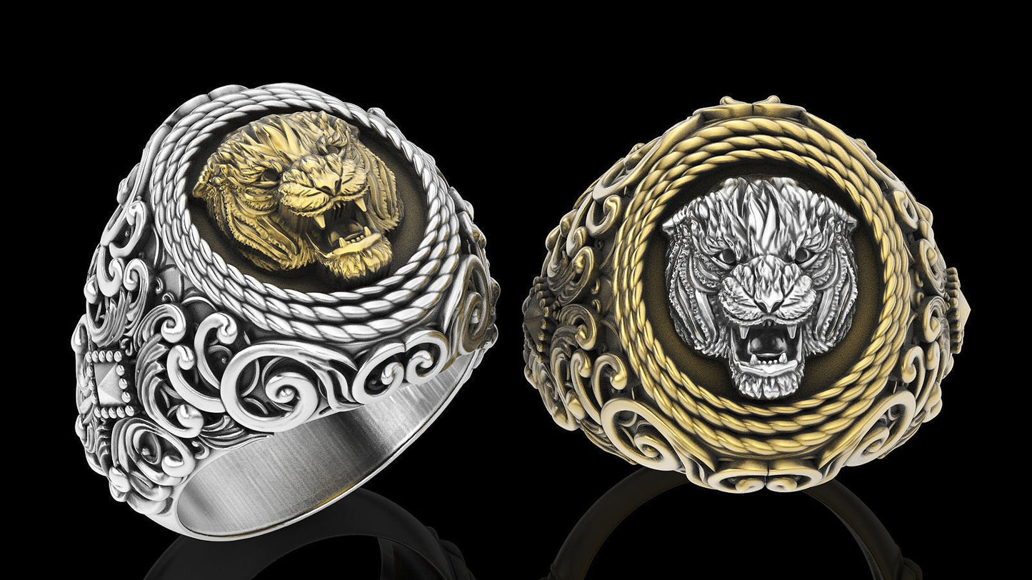 animal seal ring tiger 18kt gold silver man unisex gift made in italy design precious sculpture birthday anniversary