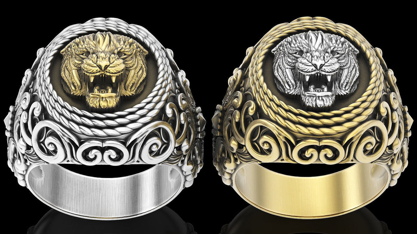 animal seal ring tiger 18kt gold silver man unisex gift made in italy design precious sculpture birthday anniversary