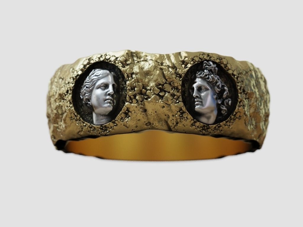 ring figures ancient greece silver 18kt gold sculpture made in italy unisex man woman gift fashion details anniversary party