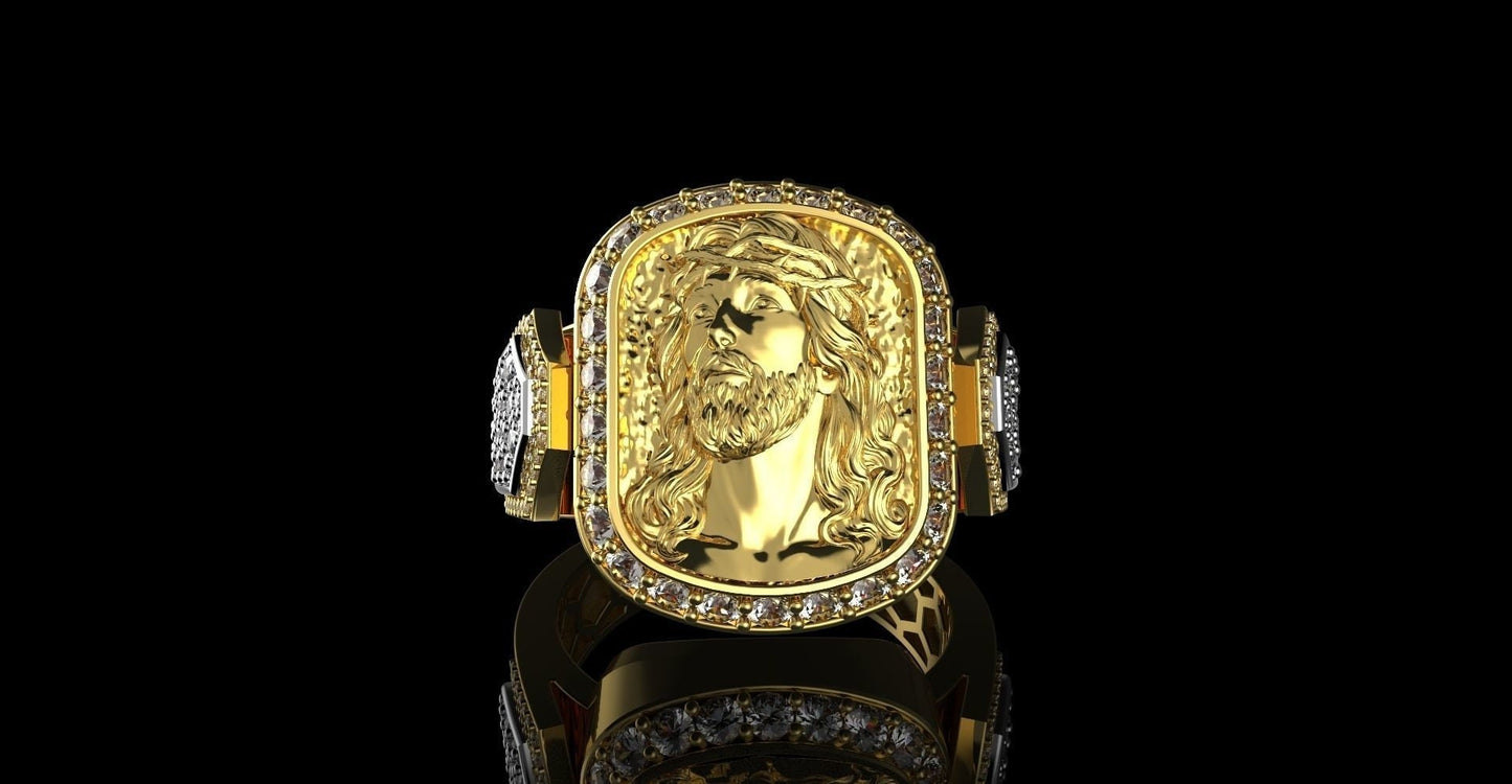 18 kt 14 kt gold jesus ring 925 silver man unisex solid diamonds zircons gift birthday anniversary precious made in italy