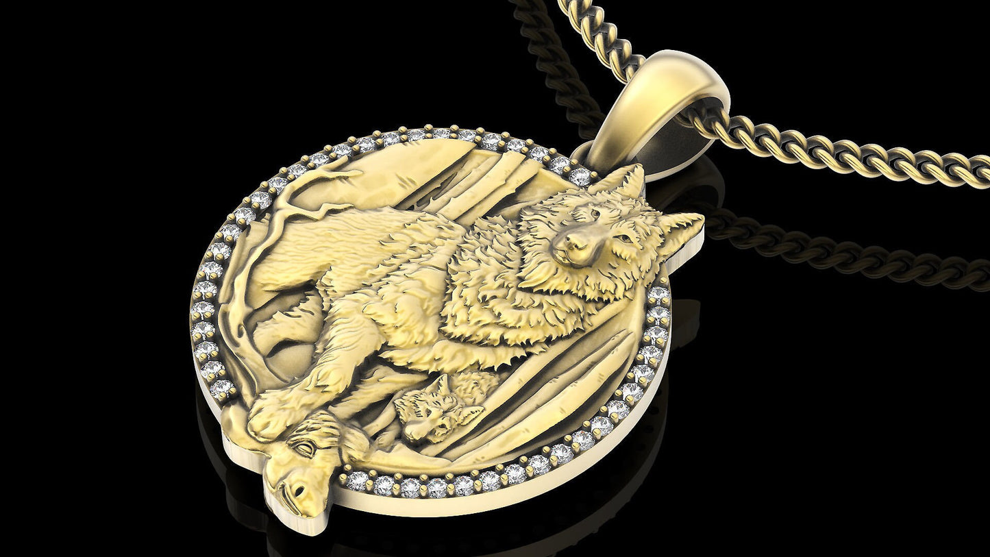 pendant wolf wolf buffalo hunting silver 18kt gold diamonds zircons rubies emeralds sapphires unisex gift birthday anniversary italy