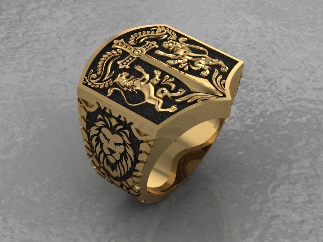 heraldic coat of arms ring 18 kt 14 kt gold 925 silver engravings sculpture lions unisex man gift made in italy birthday anniversary