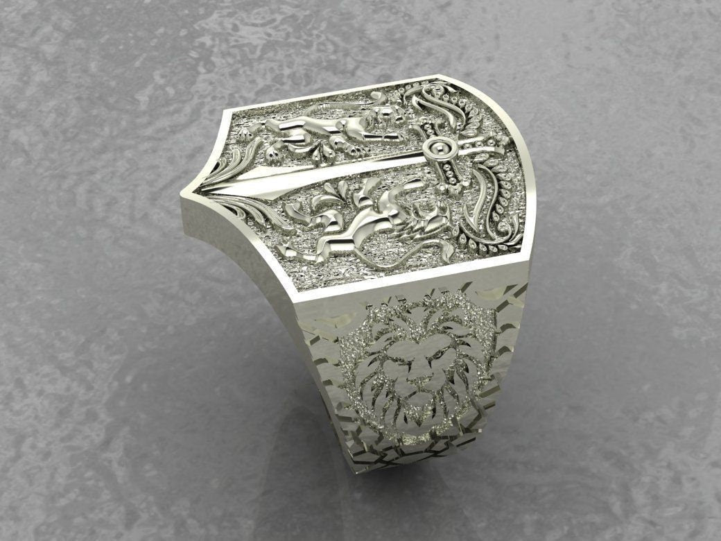 heraldic coat of arms ring 18 kt 14 kt gold 925 silver engravings sculpture lions unisex man gift made in italy birthday anniversary