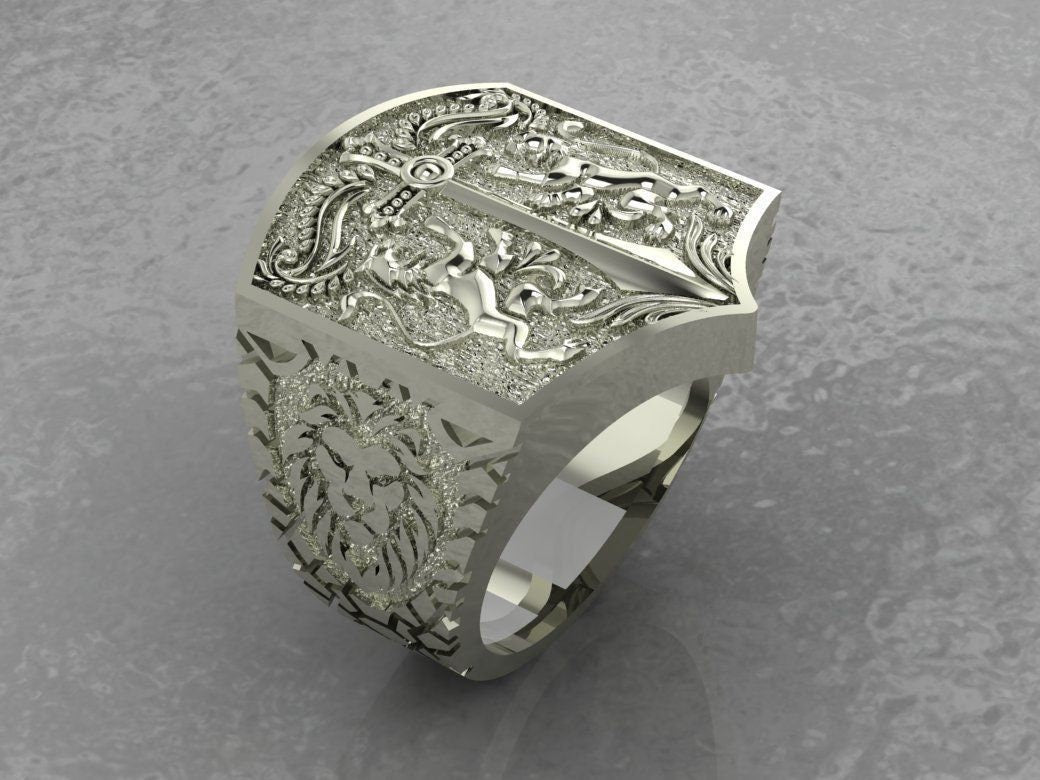 heraldic coat of arms ring 18 kt 14 kt gold 925 silver engravings sculpture lions unisex man gift made in italy birthday anniversary