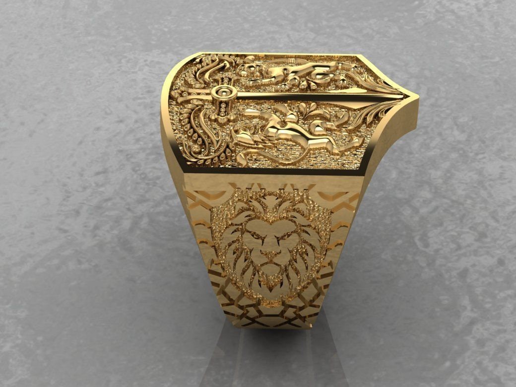 heraldic coat of arms ring 18 kt 14 kt gold 925 silver engravings sculpture lions unisex man gift made in italy birthday anniversary