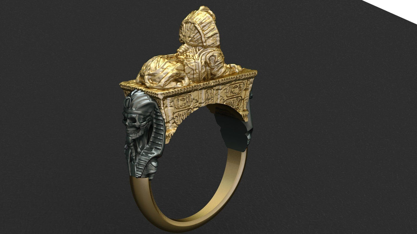 pharaoh ring mummies egypt sculpture gift 18kt gold 14 kt silver unisex antiquity history birthday anniversary made in Italy