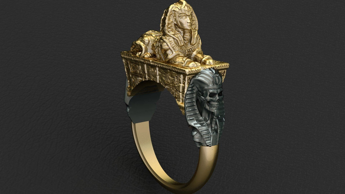 pharaoh ring mummies egypt sculpture gift 18kt gold 14 kt silver unisex antiquity history birthday anniversary made in Italy