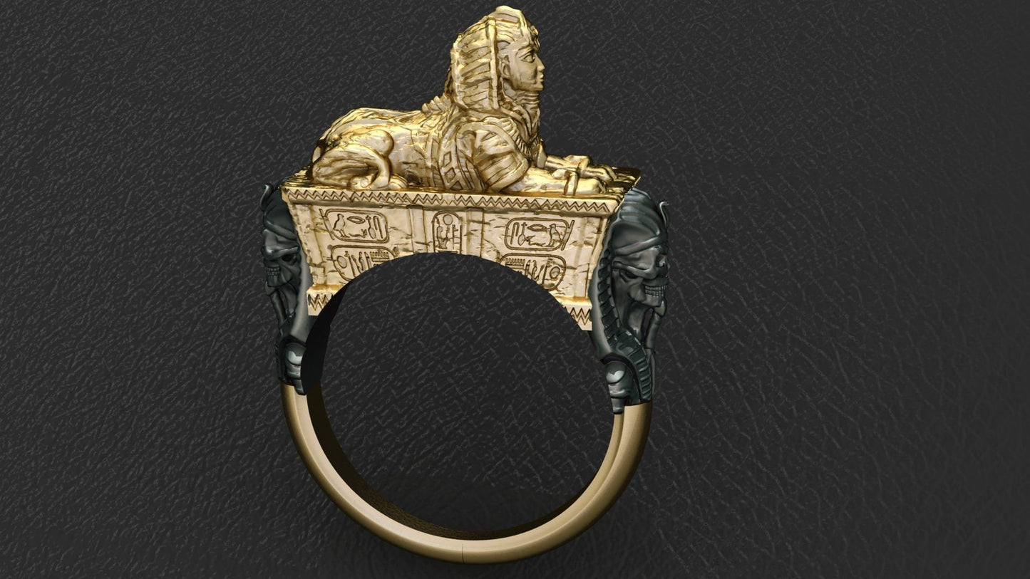 pharaoh ring mummies egypt sculpture gift 18kt gold 14 kt silver unisex antiquity history birthday anniversary made in Italy