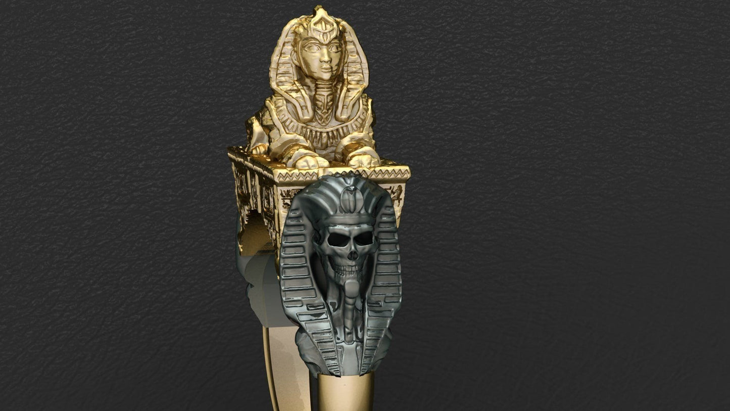 pharaoh ring mummies egypt sculpture gift 18kt gold 14 kt silver unisex antiquity history birthday anniversary made in Italy