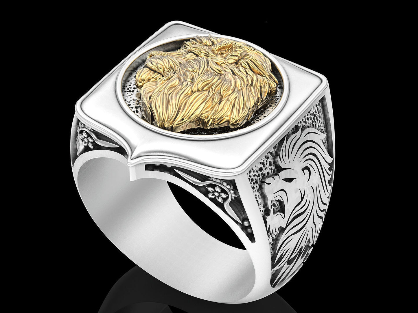 ring sculpture lions engravings silver gold 18kt design made in italy gift unisex man strength anniversary birthday precious woman