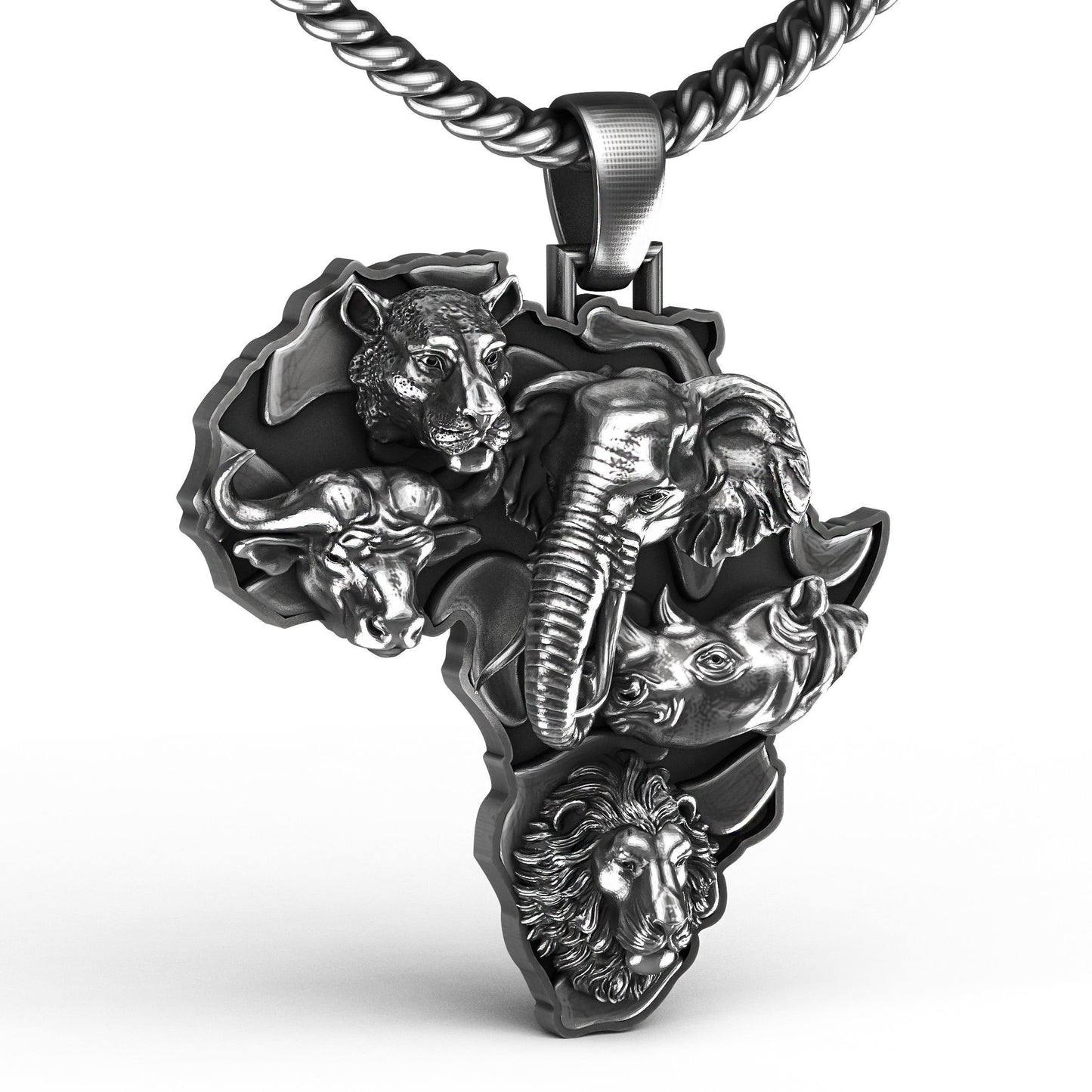 pendant jungle africa animalier silver gold 14kt 18kt design lion leopard elephant rhinoceros gift unisex man made in italy