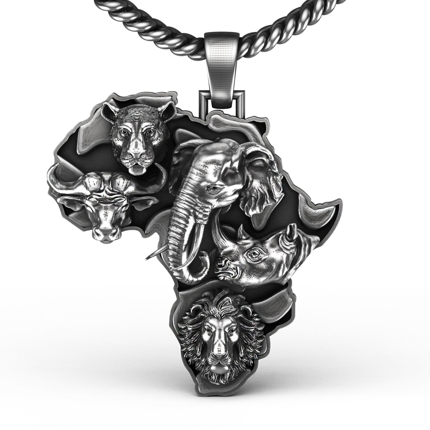 pendant jungle africa animalier silver gold 14kt 18kt design lion leopard elephant rhinoceros gift unisex man made in italy