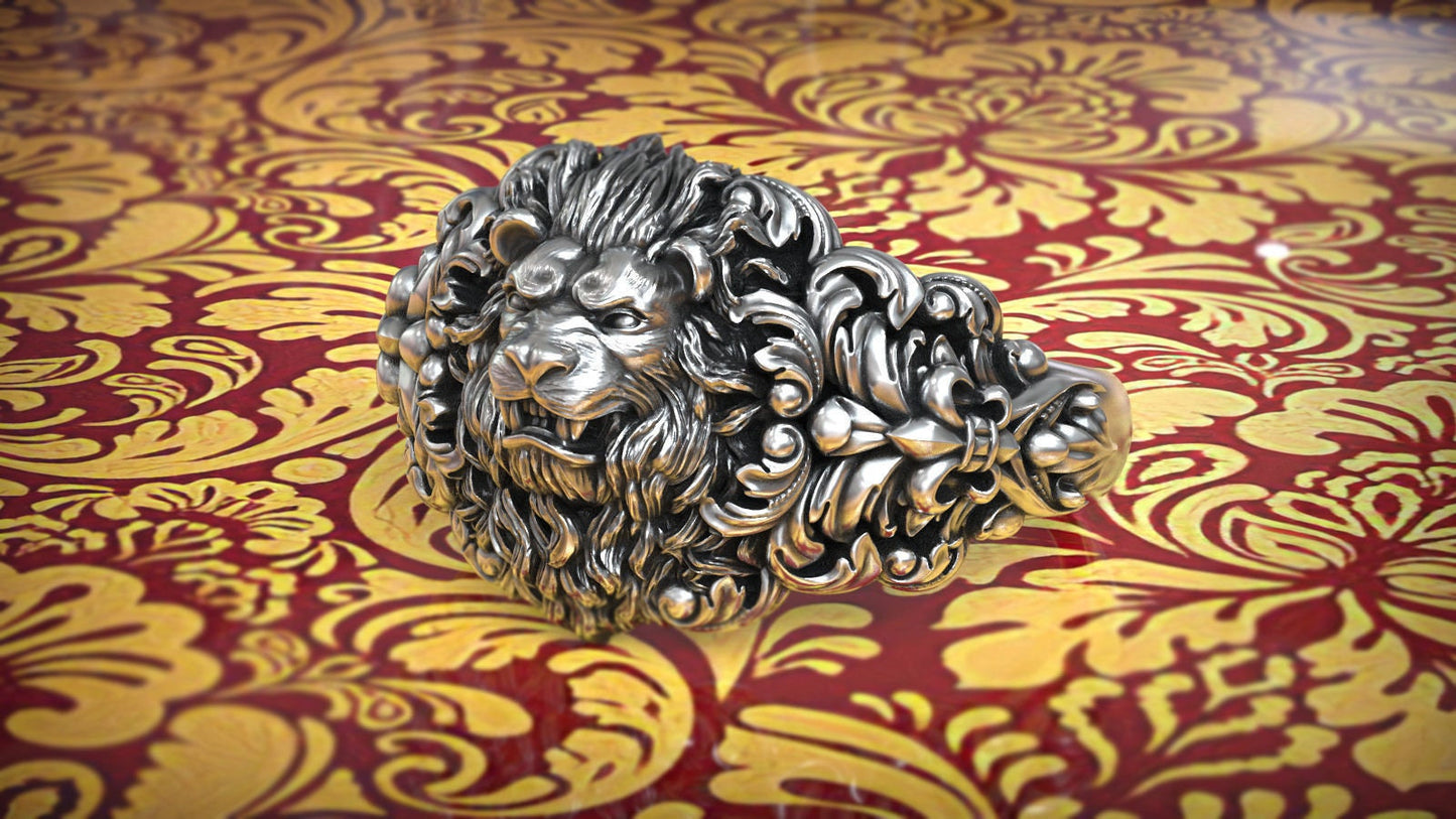 lion ring silver gold 14kt 18kt man unisex style baroque gift anniversary sport birthday savannah elegant precious