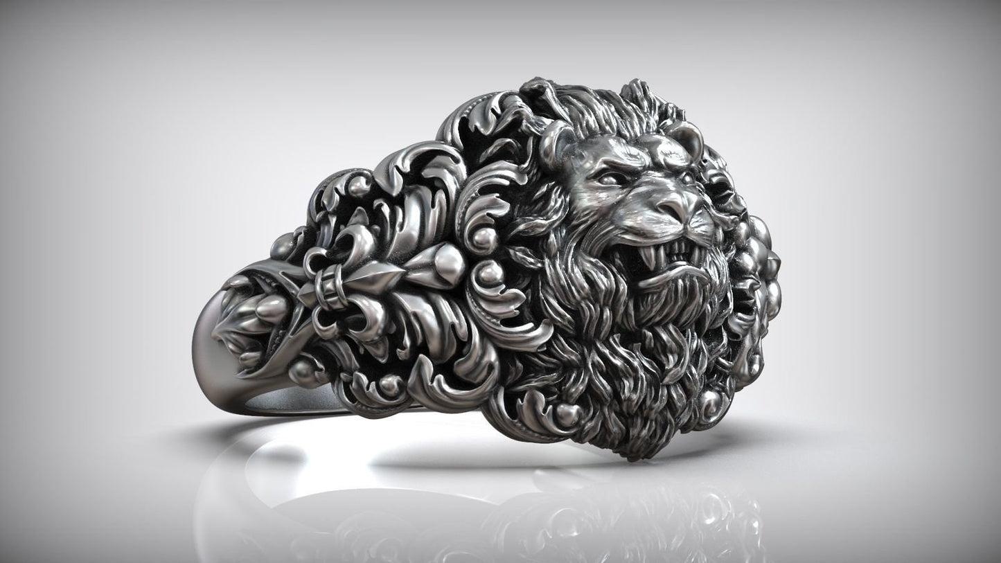 lion ring silver gold 14kt 18kt man unisex style baroque gift anniversary sport birthday savannah elegant precious