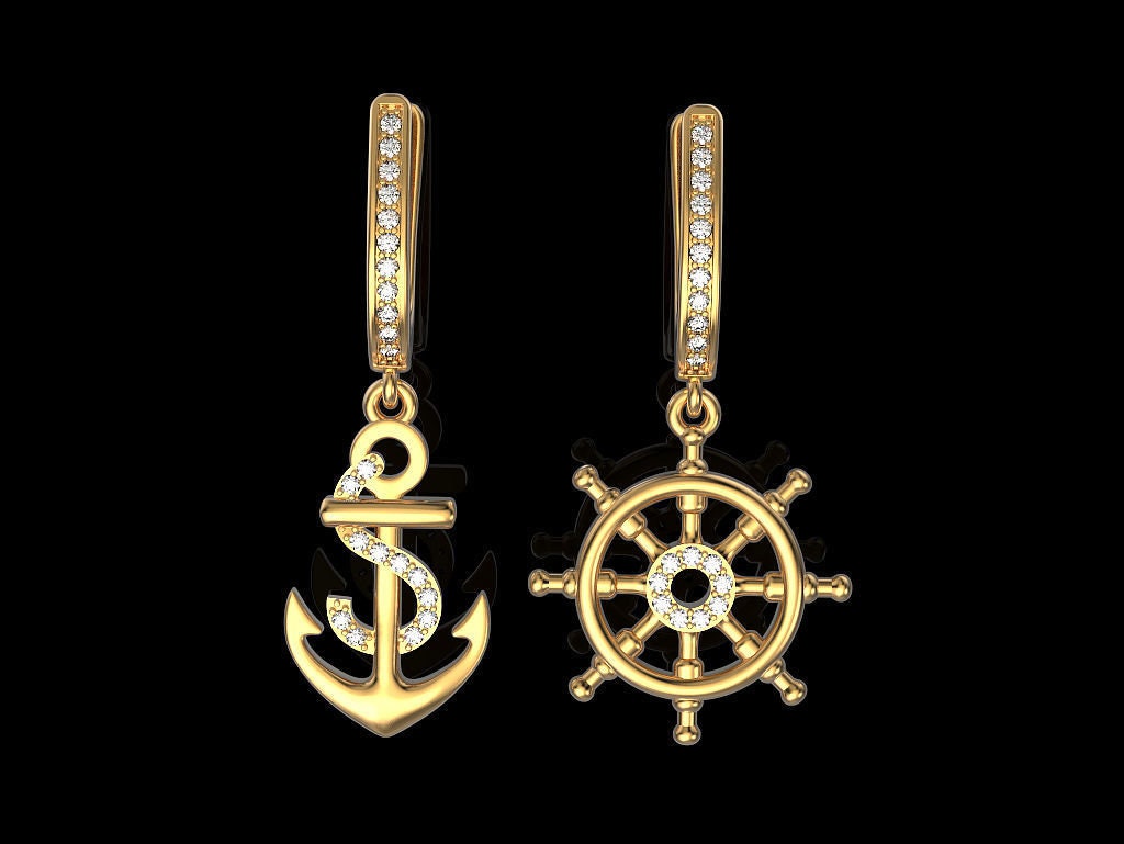 14kt 18kt gold earrings ocean anchor sea rudder boat sport unisex man woman anniversary gift made in italy precious