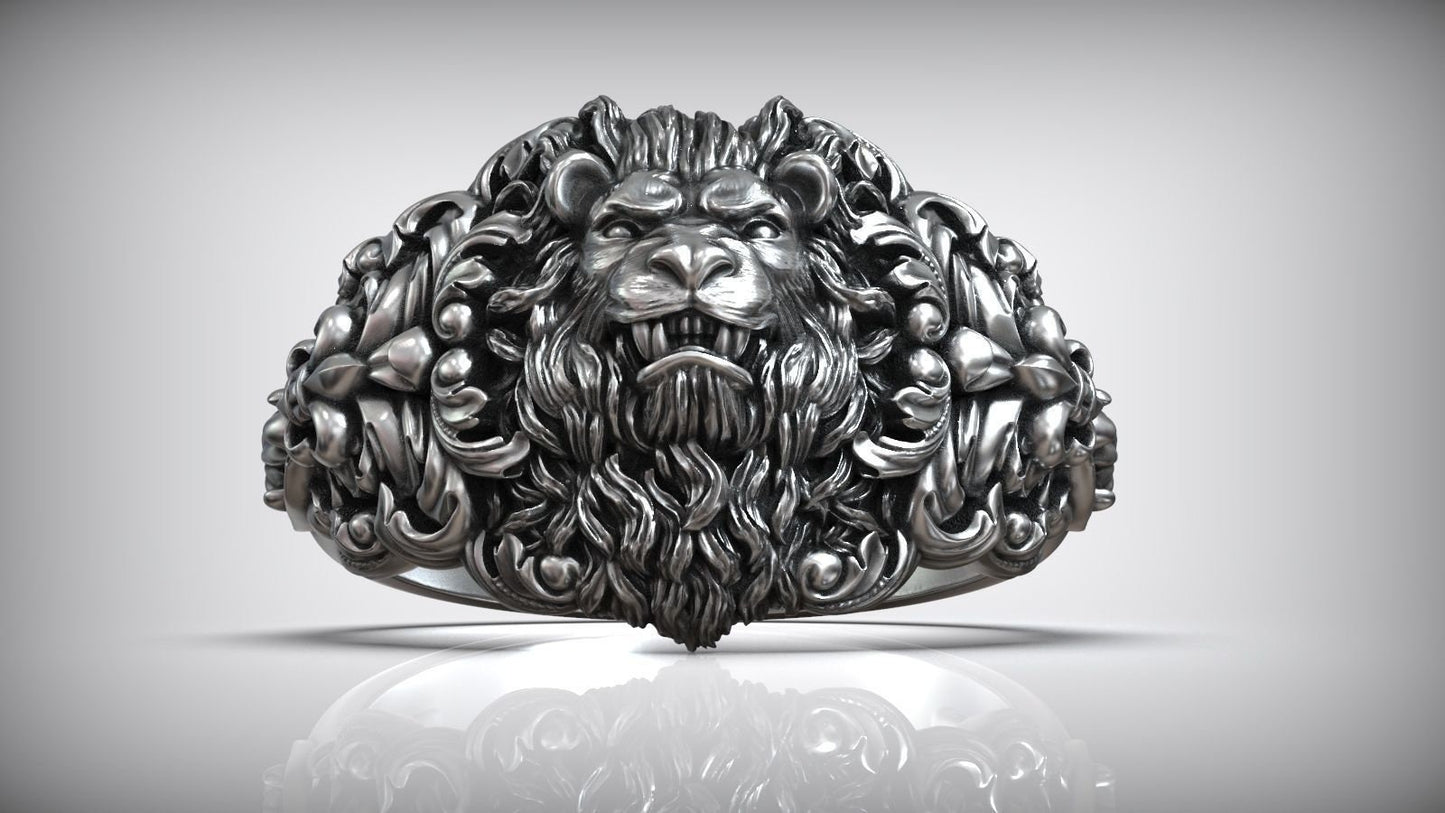 lion ring silver gold 14kt 18kt man unisex style baroque gift anniversary sport birthday savannah elegant precious