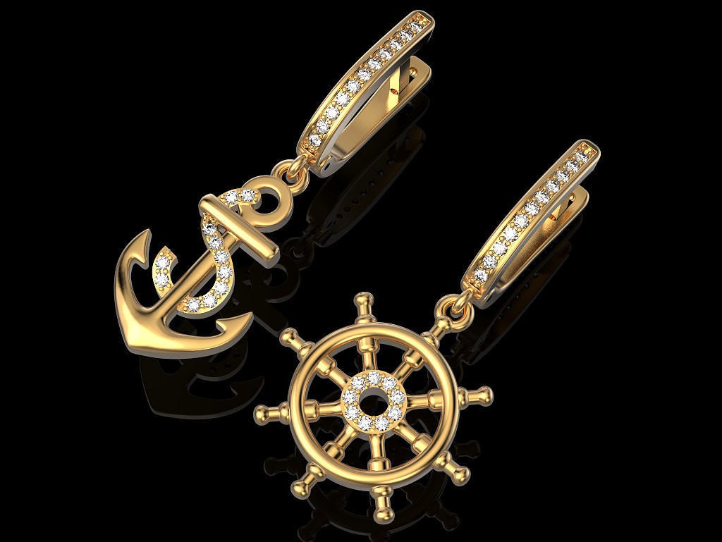 14kt 18kt gold earrings ocean anchor sea rudder boat sport unisex man woman anniversary gift made in italy precious